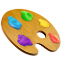 An emoji, featuring a paint palette with an array of vivid colors, representing art.