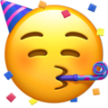 An emoji, featuring a yellow face wearing a party hat, expressing excitement, and celebration.